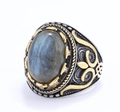 Vintage men's ring featuring large oval labradorite stone with gold floral accents - US 7 / Two-tone Gold + Moonstone