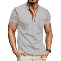 Kurzärmeliges Henley-Shirt für Herren in Hellgrau mit orangefarbenen Kontrastnähten - Meliertes Grau