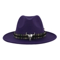 Dettaglio della trama del cappello in lana viola con fascia etnica e teschio di toro - Adulto 58cm Taglia Unica / Viola