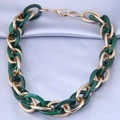Exaggerated chunky multilayer necklace with green translucent links and golden metal loops - Green Acrylic & Gold Metal Chain