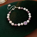 Detail of elegant pearl bracelet with purple square gemstone on green velvet - 116 Silver-Purple Pearl Bracelet 6mm