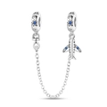 Detailed silver charm featuring a plane and starry night pendants with blue zircons - Ocean Vacation - Airplane Safety Chain