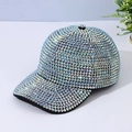 Close-up of sparkling hand-set rhinestones on a stylish black fashion baseball cap - Adjustable / AB White