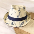 Beige straw fedora with blue surf prints and matching ribbon for kids sun protection - One Size / Beige Surf Car