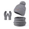 Grey knitted 3-piece set with pom-pom beanie, neck warmer and touchscreen gloves - Three-Piece Set / Gray