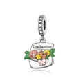 Silver graduation charm with colorful enamel flowers and engraved Graduation text - Graduation Cap (CCT943)