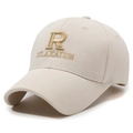 Beige baseball cap with golden R RELAXATION embroidery in 45-degree side view - Adjustable / Light Beige