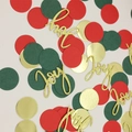 Macro shot of Joy confetti and glittery red green gold paper circles for party decor - Christmas Red Green Gold Card Circles + Gold Card JOY (ai-100 Pcs/Pack)