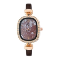 Elegant rose gold oval watch with crystal bezel and brown leather strap on white background - Brown