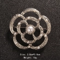 Silver camellia flower brooch with white faux pearls measuring 3.8cm in diameter - Silver Camellia Style (XD7481-2)