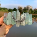 Detail of bohemian hair comb with green raw crystals and silver crescent moon ornament - Green Fluorite + Moon