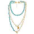 Layered gold paperclip chain necklace with turquoise beads and heart clasp detail - Gold
