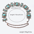 Detail view of turquoise bohemian waist chain with metal links and size specifications - Bronze