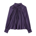 Elegant deep purple satin long-sleeve blouse with pleated high neck and silky finish - XS / Tops / Purple Blue