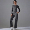 Dunkelgraues Yoga-Set mit hochtaillierter weiter Hose und schmalem Langarm-Oberteil - S / Dunkelgrau