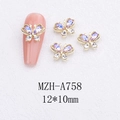 Macro view of 3D butterfly nail jewelry with iridescent rhinestones and 12x10mm scale - Aurora Violet Blue Butterfly with Gold Base (A758)