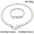 Titanium steel jewelry set featuring silver and gold X heart necklace and bracelet - LOVE Engraved Two-tone Style (KS220246-YZ)