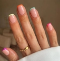 Detail of square-round press-on nails with multi-color neon French tips and nude base - Black Jelly Glue Set