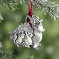 Silver metal Christmas ornament featuring squirrel and raccoon animals with red bird - Bear Antique Silver / Antique Silver