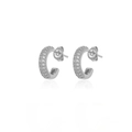 Macro detail of silver C-shaped hoop earrings with pave-set shimmering cubic zirconia - 12.5mm / Silver
