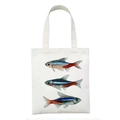 White canvas tote bag featuring vibrant neon tetra fish scientific illustration prints - Neon Tetra Science Painting Style (STD27-O)