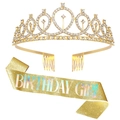 Detail of a sparkling gold rhinestone crown and glittery Birthday Girl shoulder sash - Set 28 (Gold Birthday Girl)