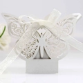 White laser cut butterfly wedding favor box with shimmer paper and silk ribbon - 4.5CM / Silver