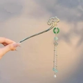 Silver hairpin with auspicious cloud design, green jade ring and pearl tassels - Auspicious Cloud Peace Buckle