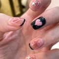 Short press-on nails with black pink heart patterns and silver star designs - R690 Powder Heart / Nail Glue Version
