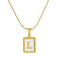 Golden snake chain necklace featuring a square pendant with white shell and gold letter L - Letter L