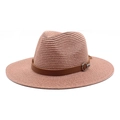 Close-up of pink woven Panama hat detail featuring a brown leather strap and metal buckle - M(56-58cm) / Dusty Pink