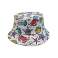 White bucket hat with colorful sea life print including crabs, jellyfish and sea turtles - M (56-58cm) / Undersea World