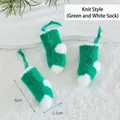 Set of three green knitted Christmas stocking ornaments with white plush trim - Knitted Style (Green White Sock)