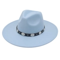 Light blue wide brim felt jazz hat with a black leather band and silver metal buckle - Sky Blue