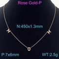 Rose gold MOM letter pendant necklace on mannequin with 450mm chain specifications - Rose Gold (KN236019-KLX)