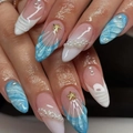 Blue and white gradient press-on nails with 3D shell texture, starfish and pearls - K082【24pcs】 / Boxed (jelly Gel + Granules)