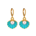 Elegant gold shell earrings with blue enamel and pearl accents for women - Gold Tone Light Blue Shell Earrings