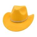 Detail of a bright yellow felt cowboy hat with wide brim and woven decorative band - One Size / Yellow (Braided Decor)