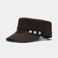 Detail view of dark brown cadet cap side featuring silver square metal rivets and stitching - Adjustable / Dark Brown