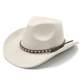 Detail of suede cowboy hat featuring dark brown decorative leather band with cross stitching - M(56-58cm) / Beige (Suede)