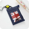 Dark blue leather card holder with retractable yellow smiley keychain and zip pocket - Navy Blue