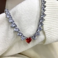 Elegant silver heart necklace featuring a large red center gem and clear zircon accents - VL128 Silver Red Heart Necklace