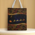 Close-up of a Christmas canvas handbag featuring a gold scroll pattern and Santa Claus sleigh - Style 11