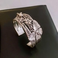 Vintage silver open bangle featuring 3D butterfly and floral vine branch patterns - Retro Silver Butterfly Flower Open Bangle (32#)