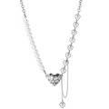 Creative silver OT pearl necklace with hammered heart pendant and tassel details - Silver Tassel Heart Asymmetric Pearl Necklace
