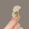 Elegant golden ginkgo leaf brooch featuring micro-set white crystals and large round gem - 340# Ginkgo Leaf