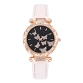 Close-up of pink leather watch featuring a black dial with sparkling crystal butterflies - White