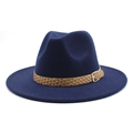 Detail of navy blue felt fedora hat featuring a brown braided band and silver metal buckle - M (56-58cm) / Navy Blue