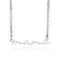 Polished silver stainless steel Mama script necklace on white background with reflection - Necklace / Silver