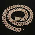 Macro detail of 14mm Cuban link chain with pink and white rhinestones on gold base - Small Clasp Half Pink Gold